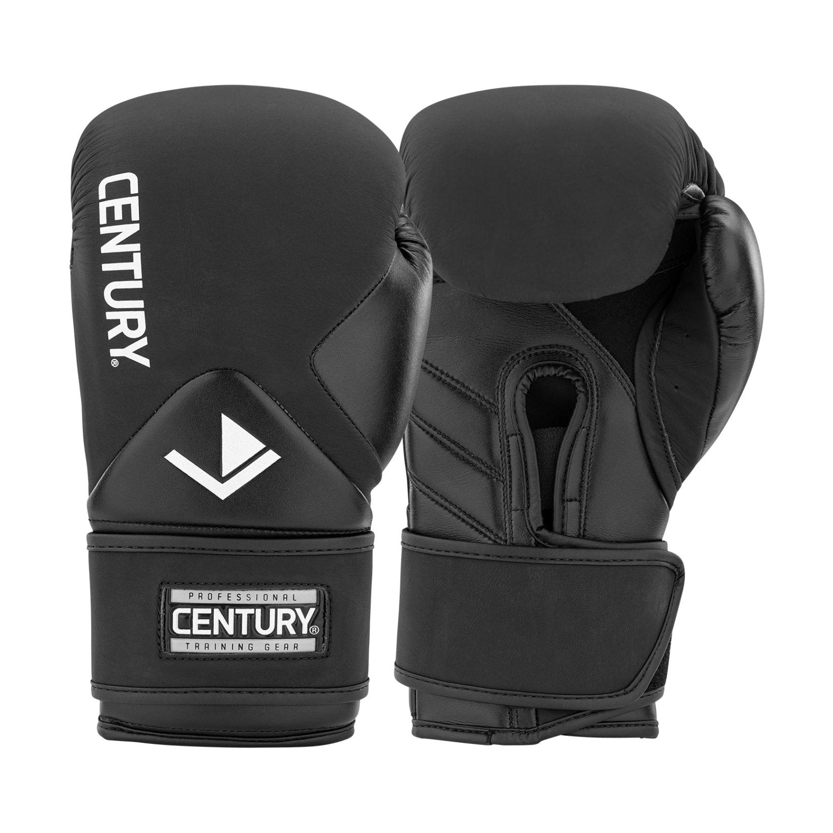 Black boxing gloves facing forward with Century label and hook-and-loop wrist strap