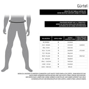 Belt size chart infographic with measurement table and sizing silhouettes