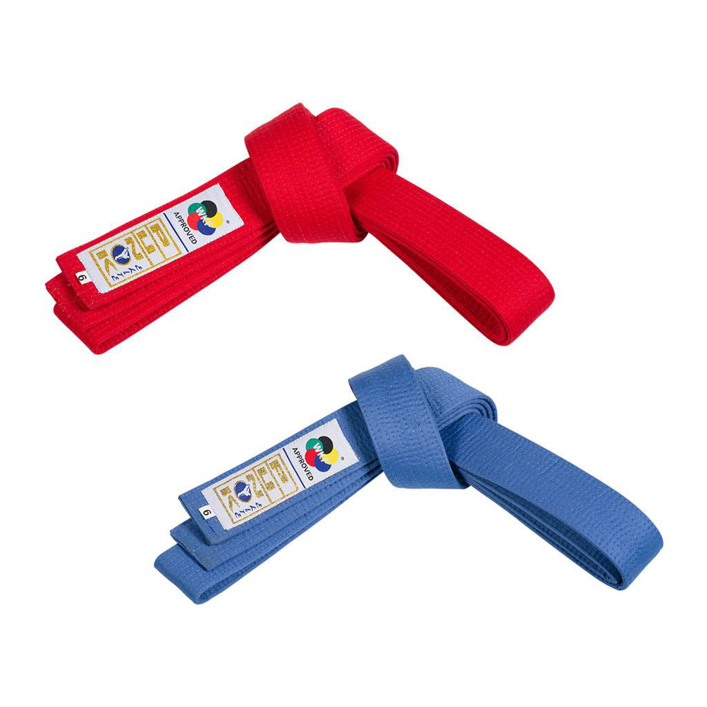 Competition belt set with red and blue woven straps and printed label tags