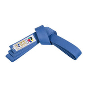 Blue competition belt with woven strap, secured loop, and printed label tag