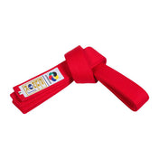 Red competition belt with woven strap, secured loop, and printed label tag