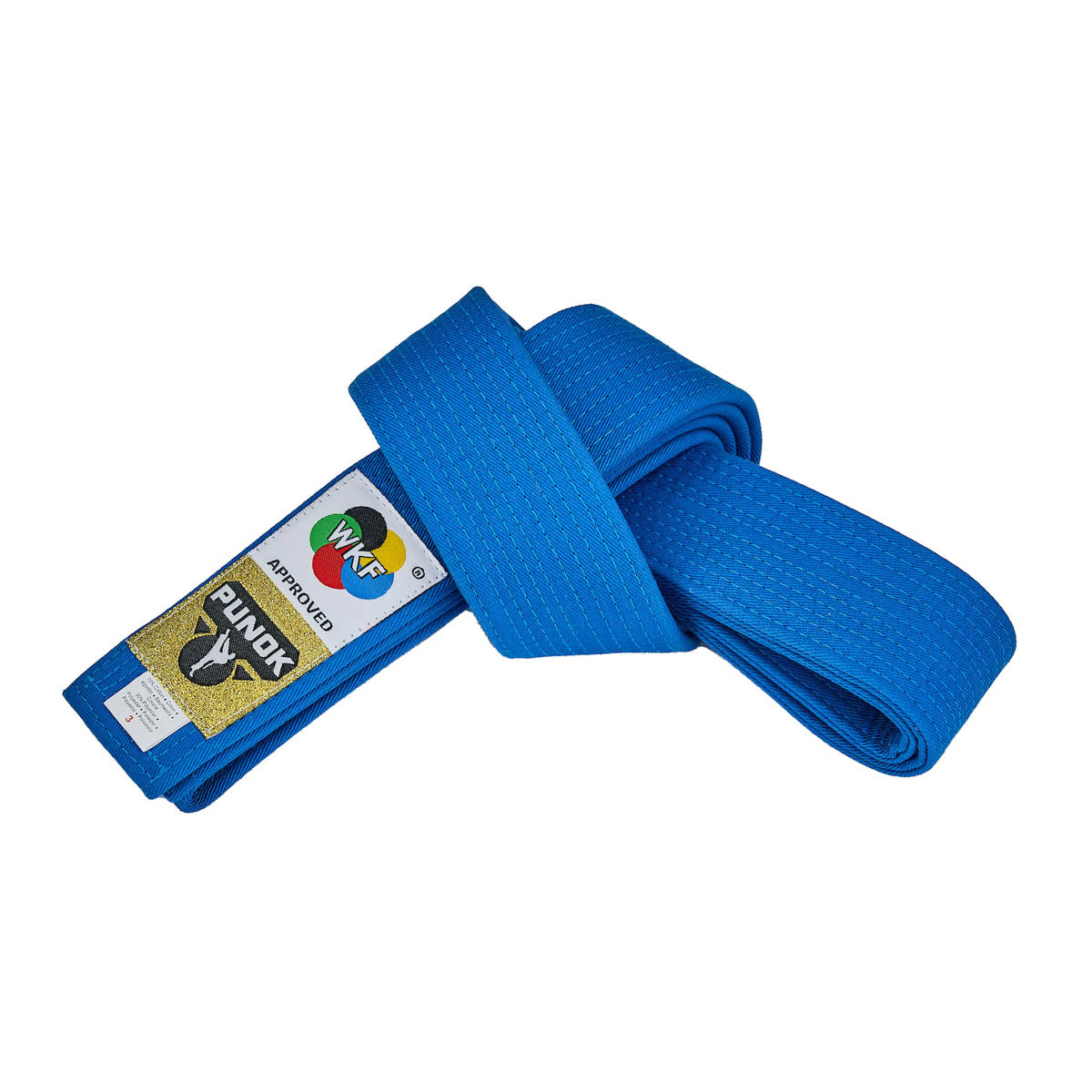Woven kata martial arts belt, blue, folded tie with brand label