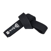Black fabric martial belt with folded knot, padded ends, and logo text patch