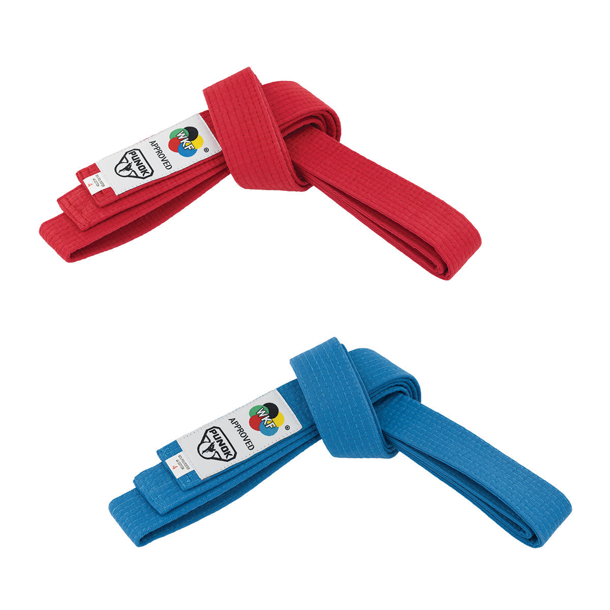 Set of red and blue competition belts with woven straps and fabric label panels.