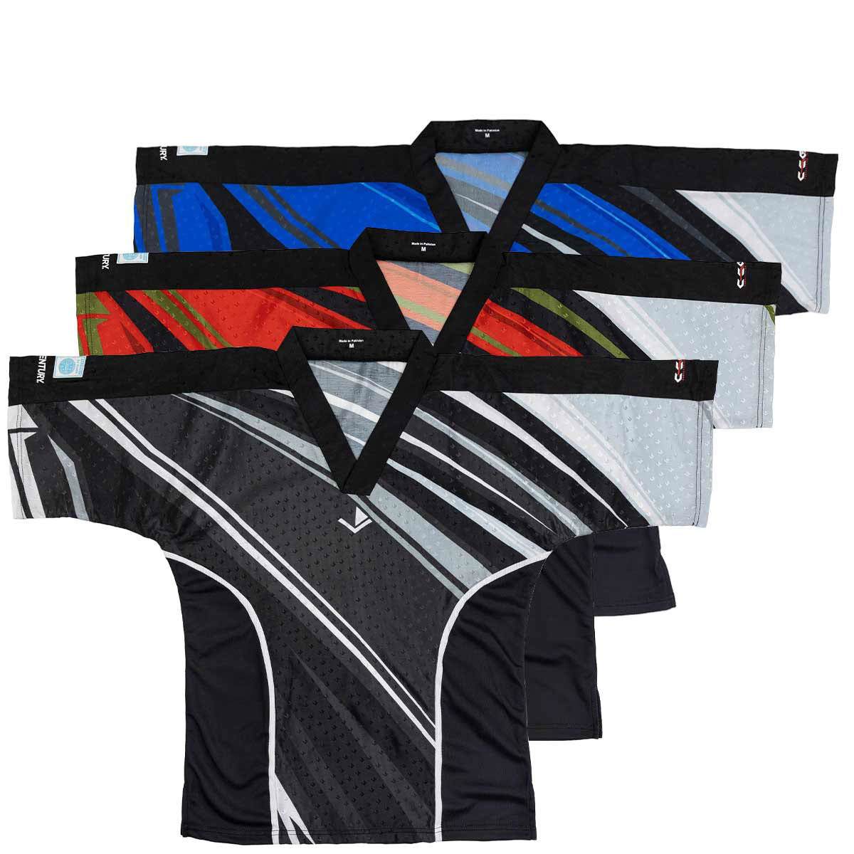 Integrity 2.0 sports top lineup, black with blue, red, and gray diagonal stripe designs