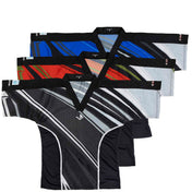 Integrity 2.0 sports top lineup, black with blue, red, and gray diagonal stripe designs
