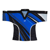Integrity 2.0 sports top, black with bold blue diagonal stripes and V-neck