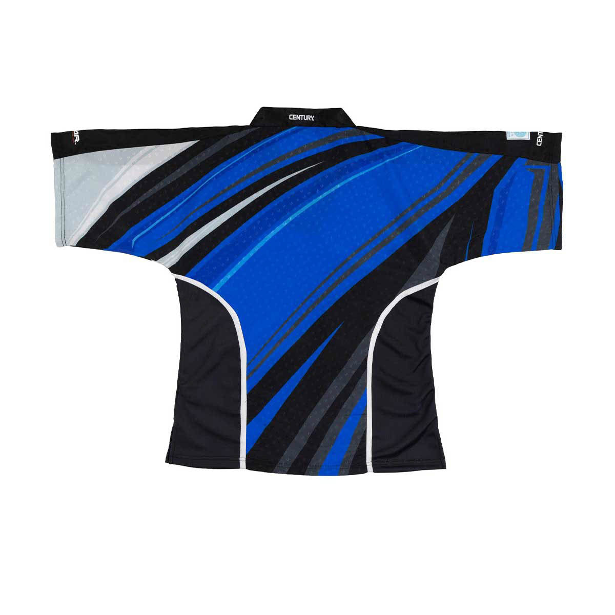 Integrity 2.0 sports top, blue center with black diagonal stripes and light gray sleeves