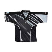 Black and light-blue striped martial arts top with V-neck collar