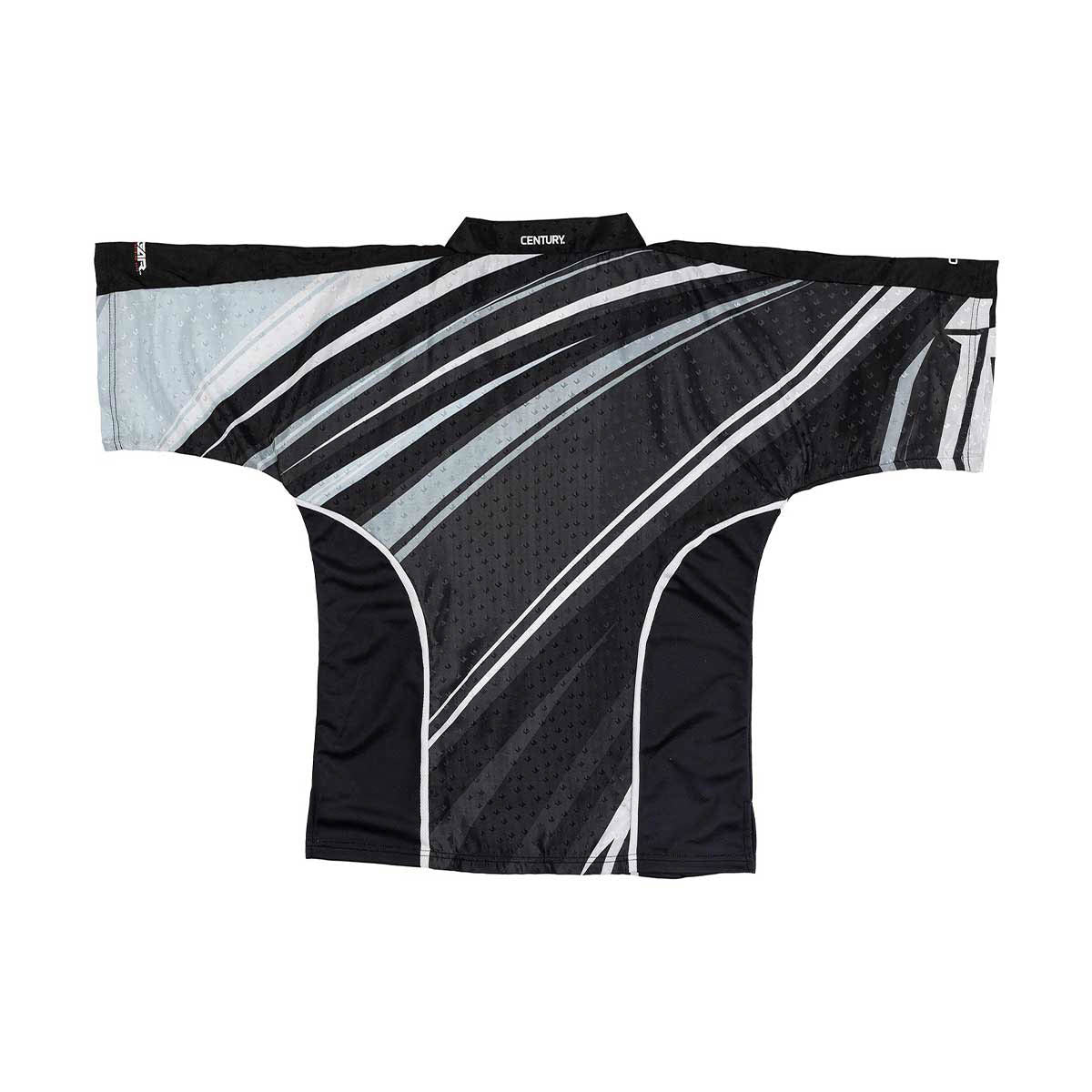 Black and light-blue striped martial arts top with V-neck collar