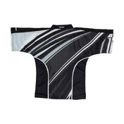 Black and light-blue striped martial arts top with V-neck collar