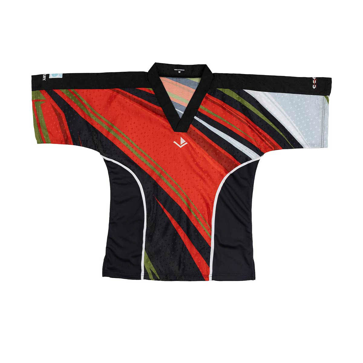 Red, green, and black striped martial arts top with V-neck collar
