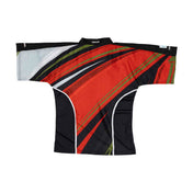 Red, green, and black striped martial arts top with V-neck collar