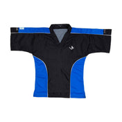Black short-sleeve V-neck top with textured pattern and blue contrast panels