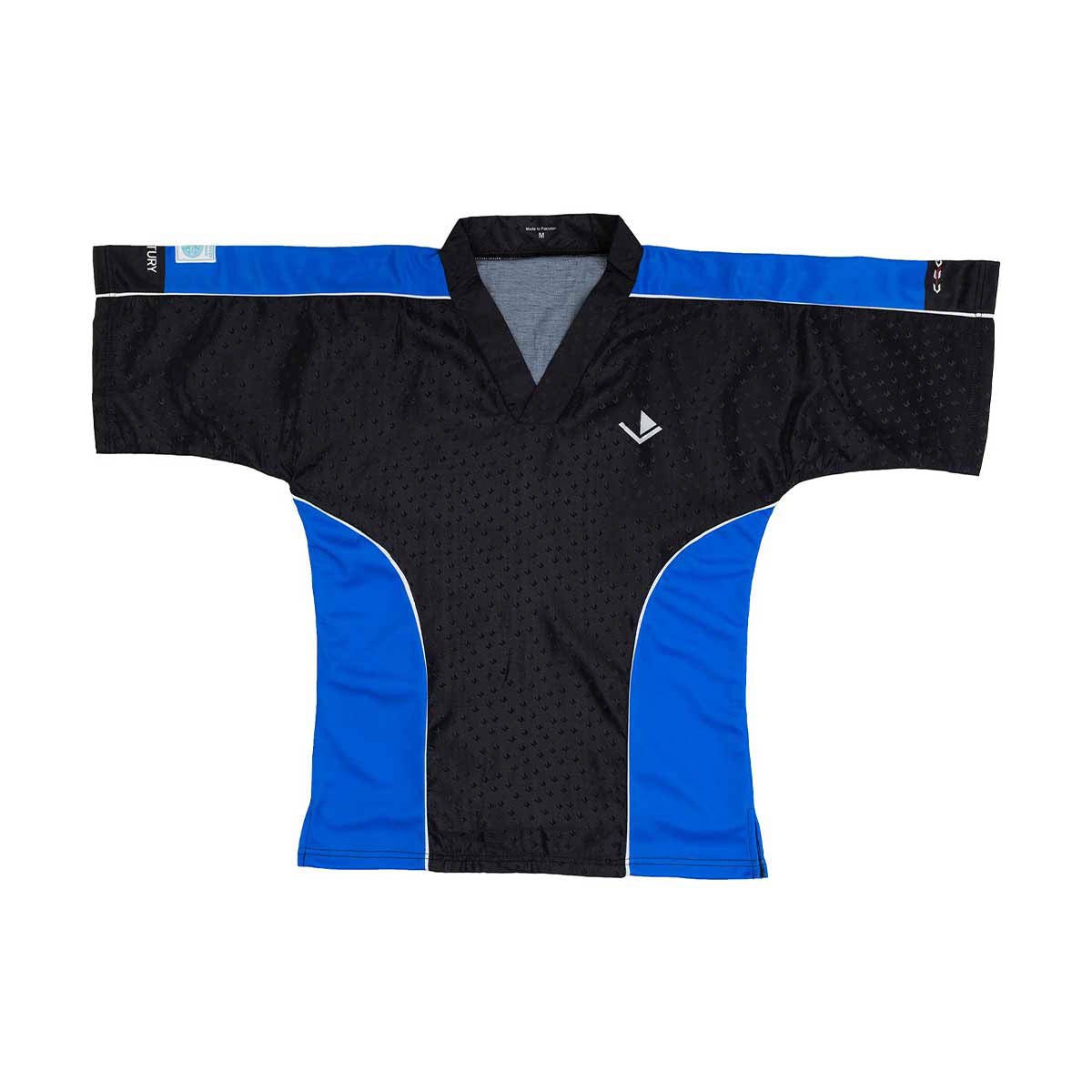 Front view sports top in black with blue contrast sections and V-neck collar