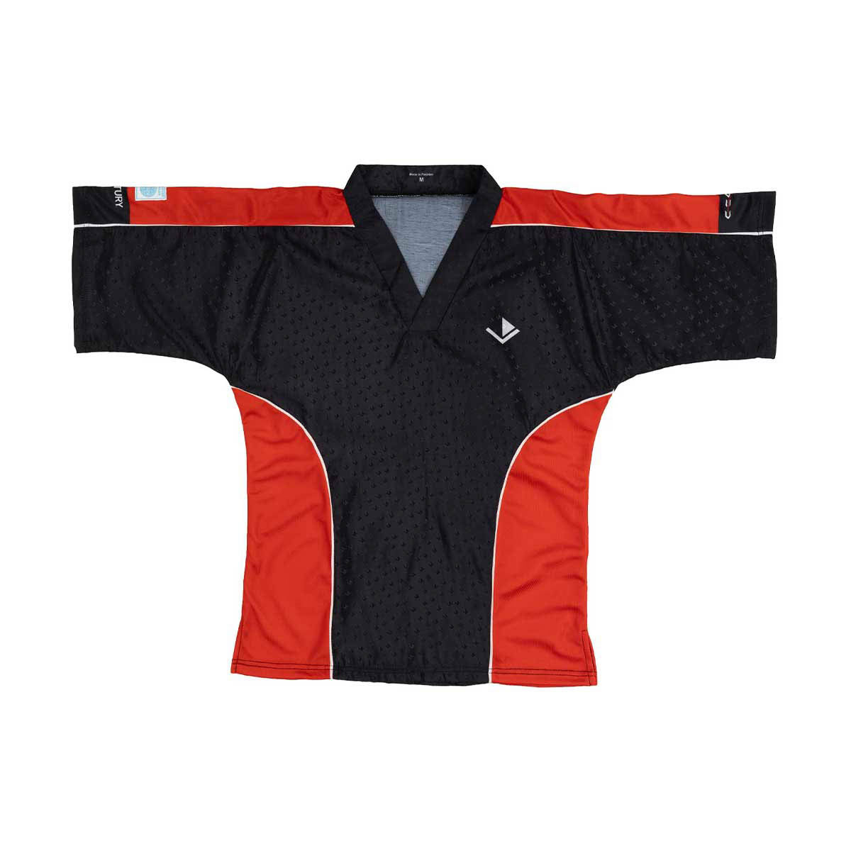 Black mesh V-neck sports top with red side panels and shoulder stripe, chest logo