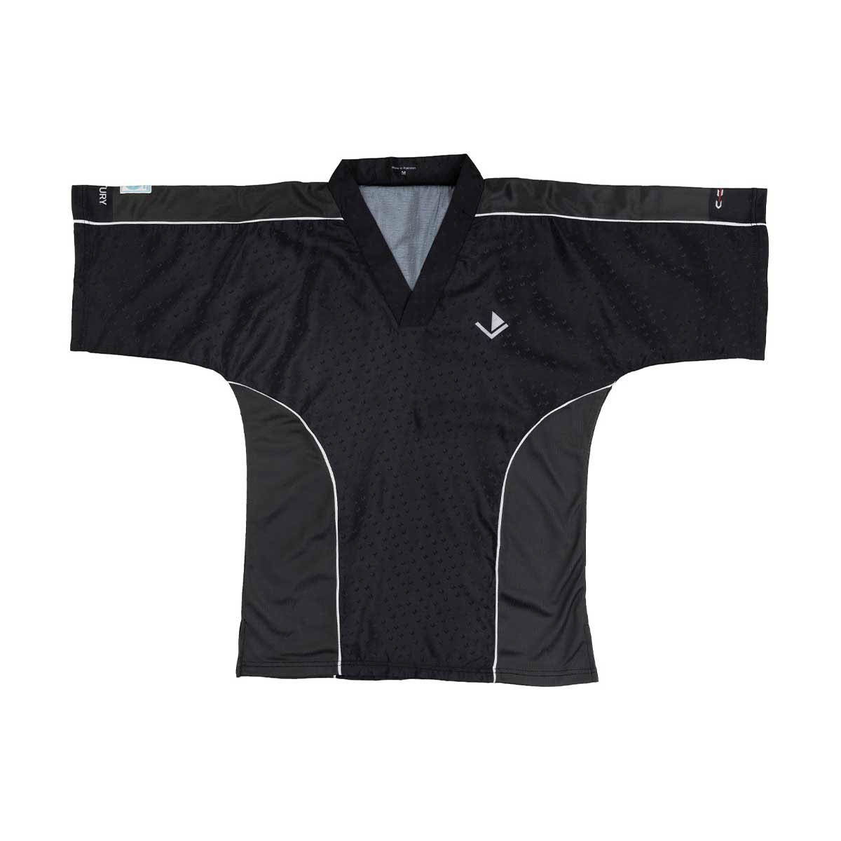 Black V-neck sports top with textured pattern, gray collar, and white contrast piping