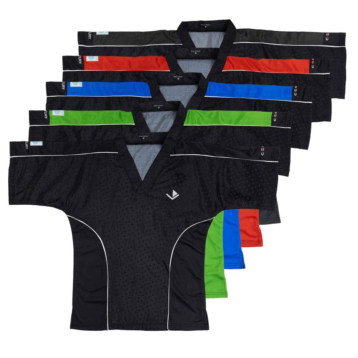 Assorted black sports tops with colorful accents (red, blue, green) and white piping