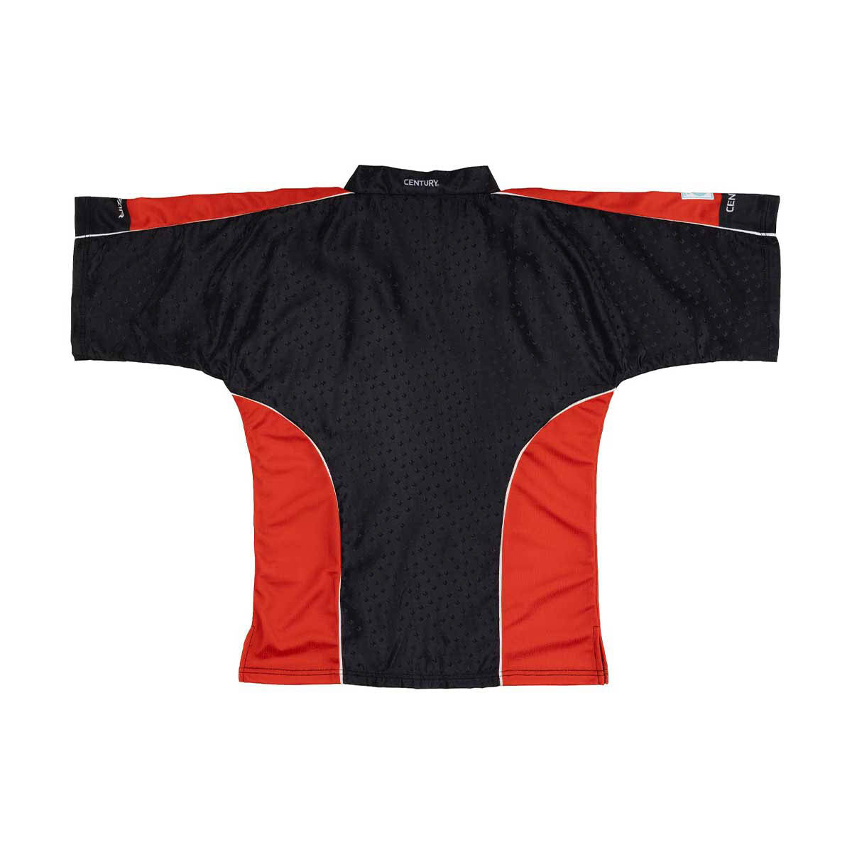 Black sports top with red side panels and V-neck, short sleeves, textured fabric
