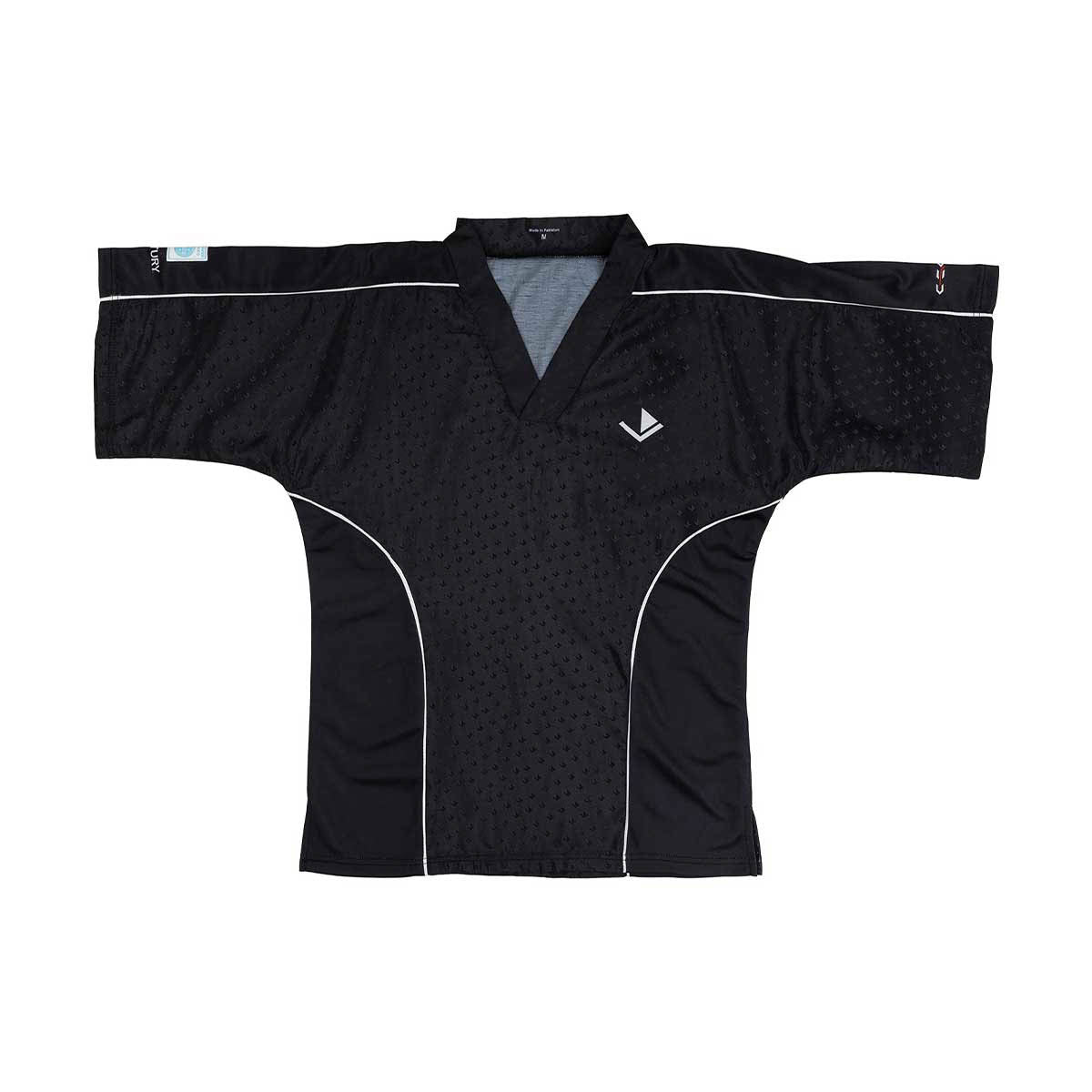Black V-neck sports top with textured pattern, gray collar, and white contrast piping