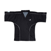 Black V-neck sports top with textured pattern, gray collar, and white contrast piping