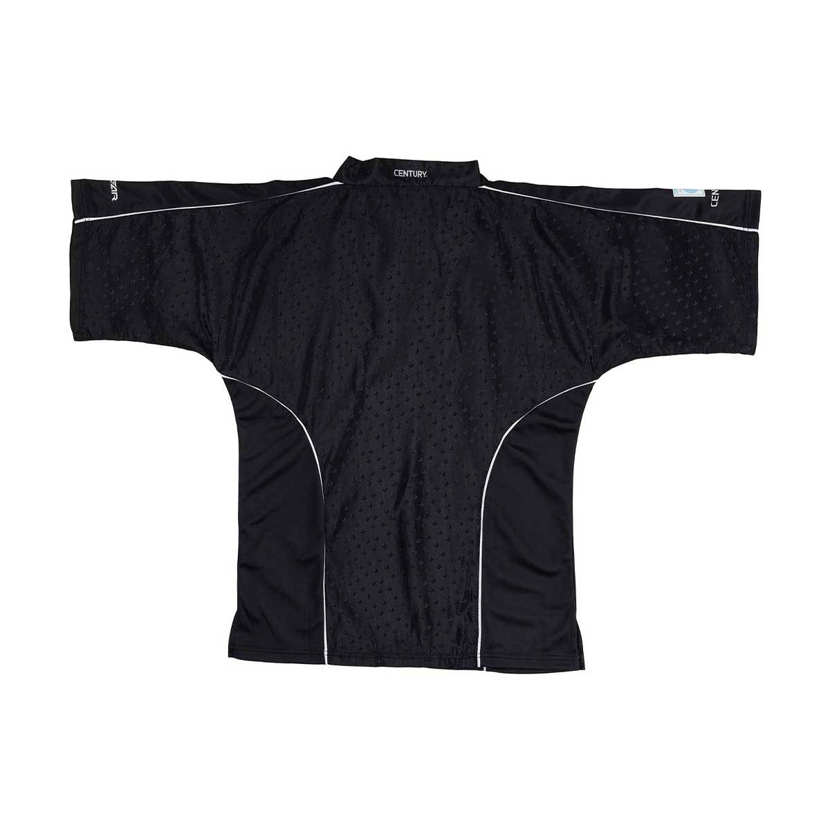 Black V-neck sports top with textured pattern, white piping, and CENTRY logo at neck