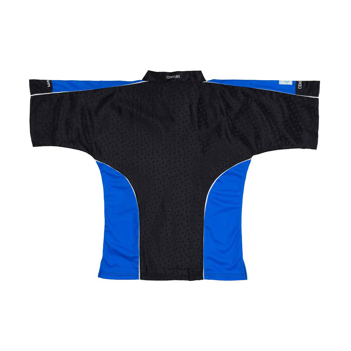 Black V-neck sports top with textured pattern and blue side panels with white contrast piping