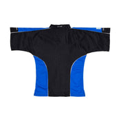 Black V-neck sports top with textured pattern and blue side panels with white contrast piping