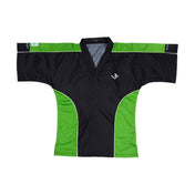 Black sports top with green panels and V-neck, short sleeves, textured fabric