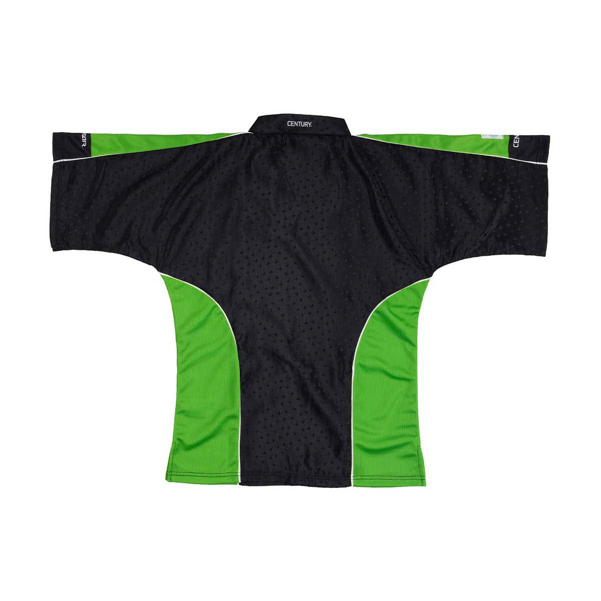 Black sports top with green side panels, V-neck, short sleeves, textured fabric