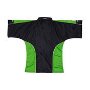 Black sports top with green side panels, V-neck, short sleeves, textured fabric
