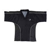 Black sports top with gray/white side piping, V-neck, short sleeves, textured fabric