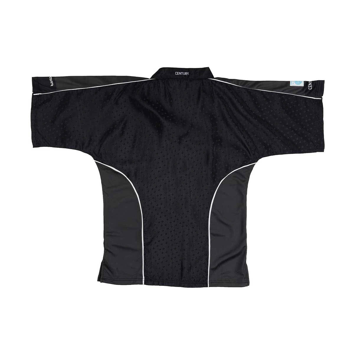 Black sports top with white side piping and V-neck, short sleeves, textured fabric