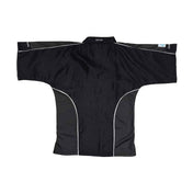 Black sports top with white side piping and V-neck, short sleeves, textured fabric