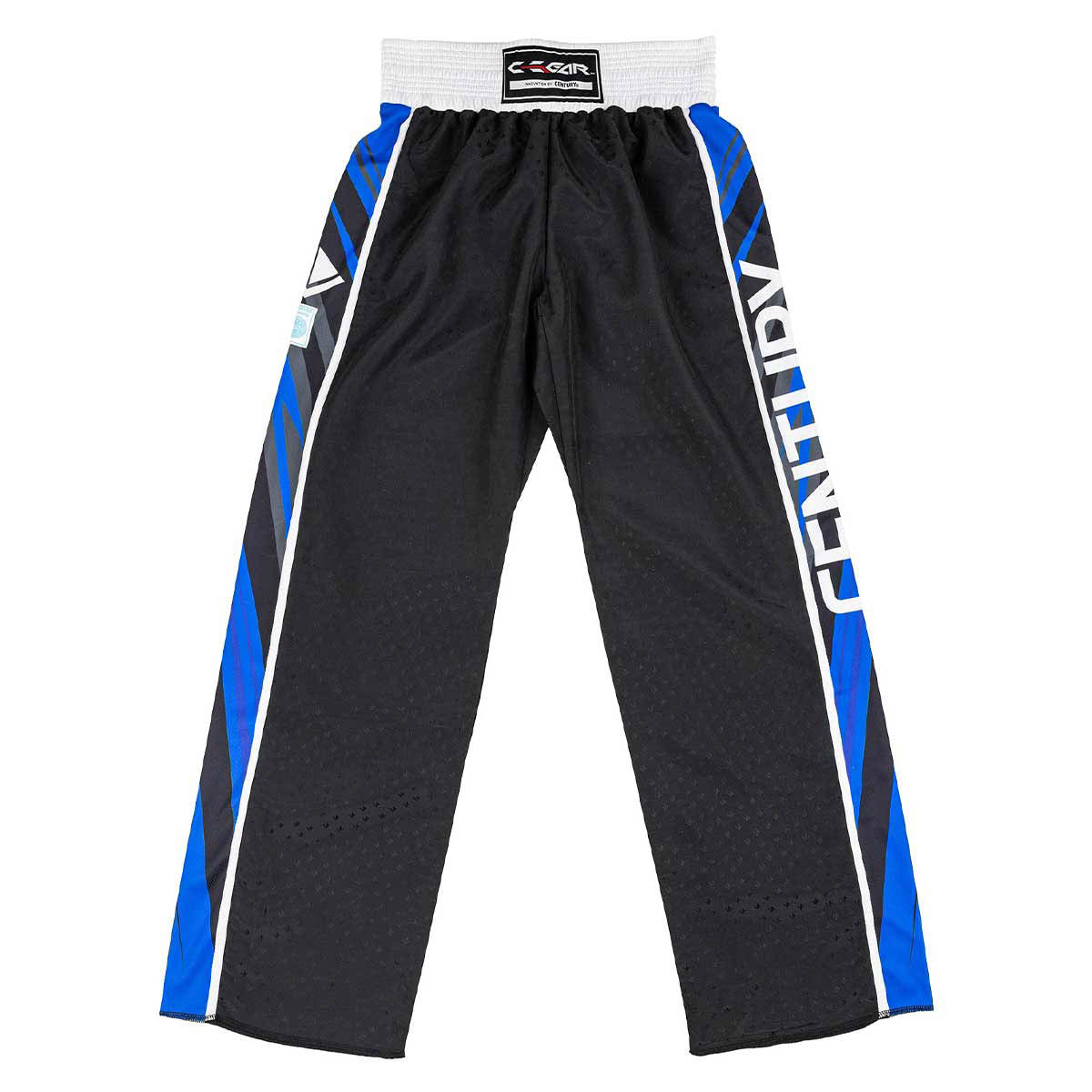 Black pants with elastic waistband, blue side panels, white piping, and logo print