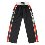 Black athletic pants with elastic waistband, red side stripes and white logo trim