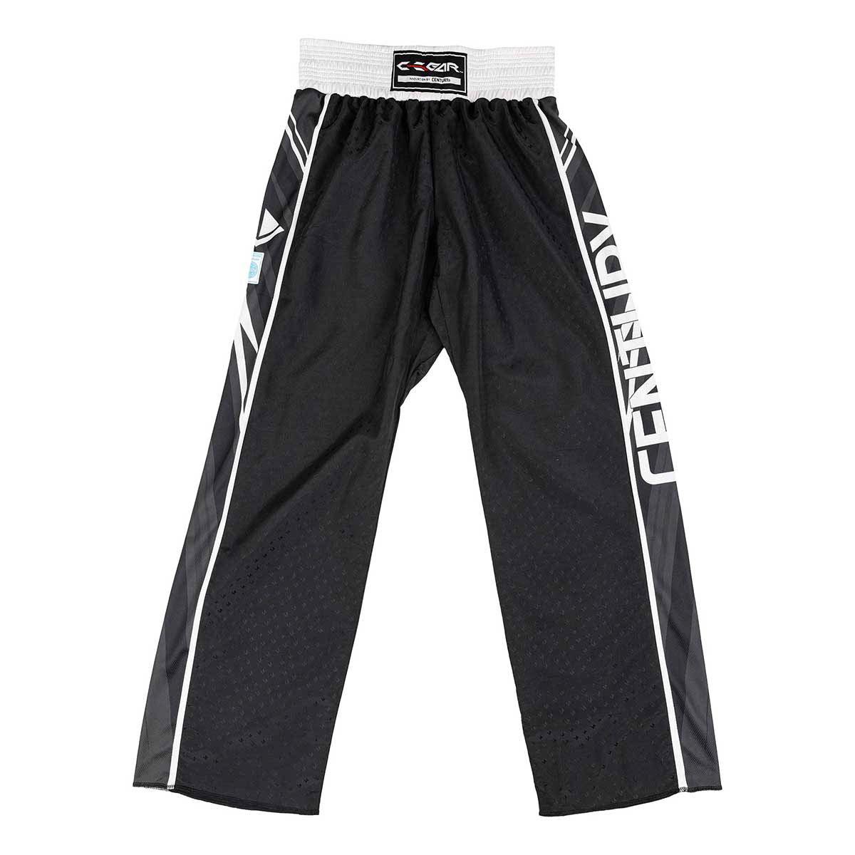 Black athletic pants with white piping along the sides, elastic waist, logo tag