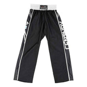 Dark sports pants with white vertical stripe accents, elastic waistband, logo label
