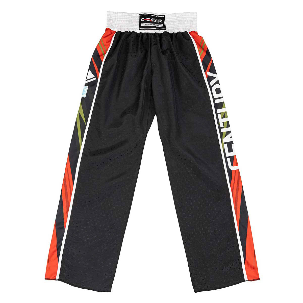 C-Gear Integrity 2.0 pant, black with red-orange side panels and green/yellow accents