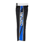Black pants with bold blue side stripe detail, elastic waistband, logo patch