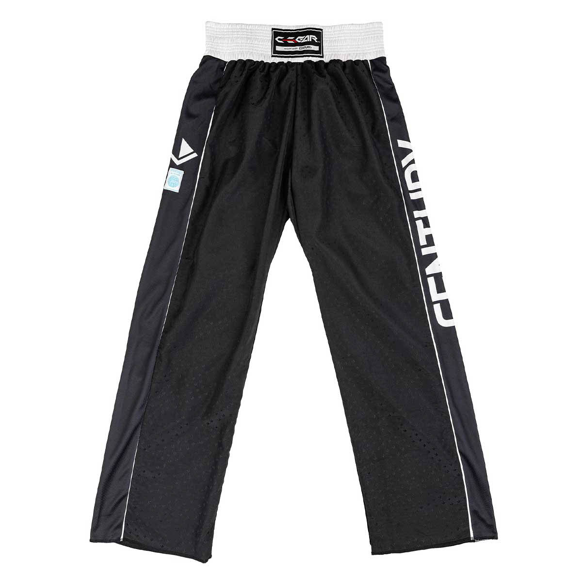 Black jogger pants with elastic waistband, white-trim side stripe, and side lettering