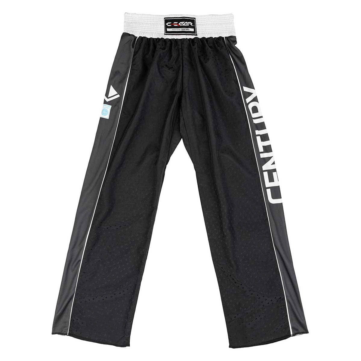 Black track pants with elastic waistband, white piping lines, and side logo text
