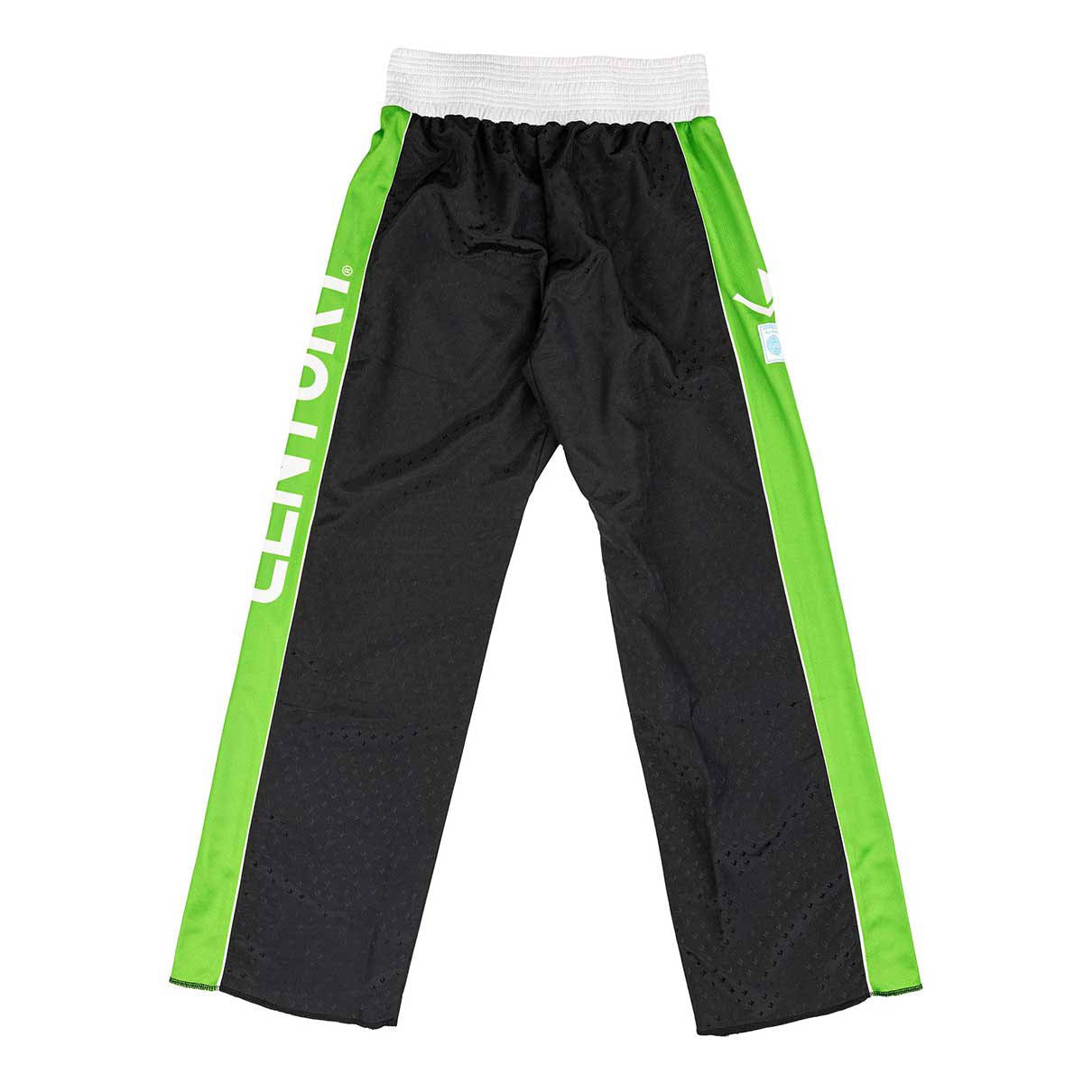 Black jogger pants with neon green side stripes and white elastic waistband