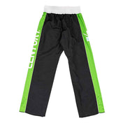 Black jogger pants with neon green side stripes and white elastic waistband