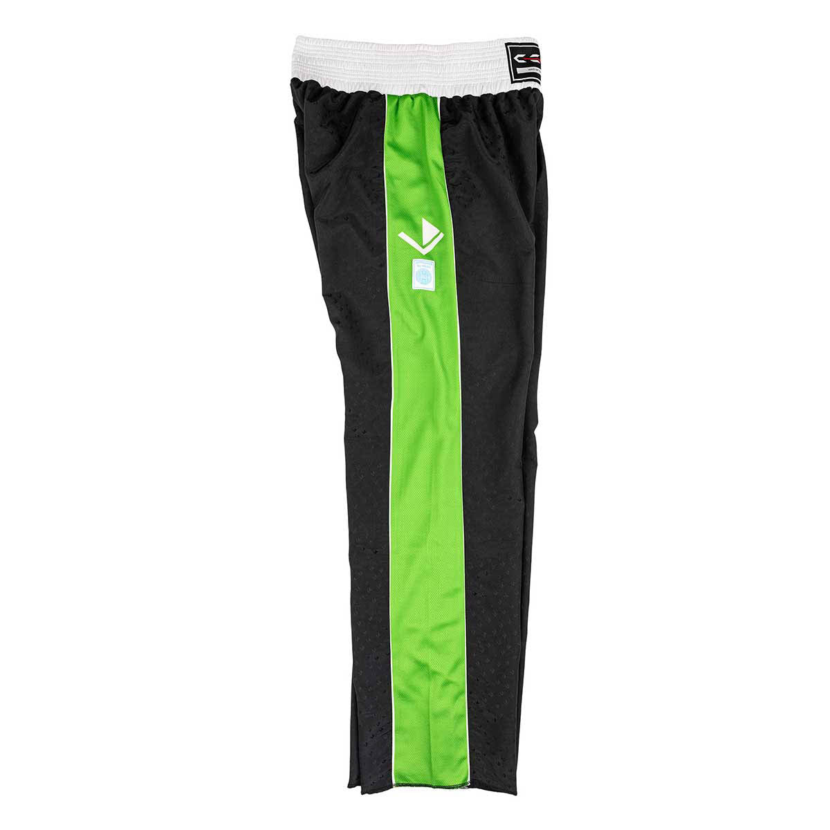 Black pants with wide neon green center panel and small label patch
