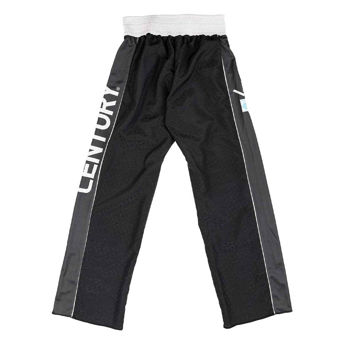 Black jogger pants with light gray side stripes and white elastic waistband