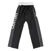 Black jogger pants with light gray side stripes and white elastic waistband