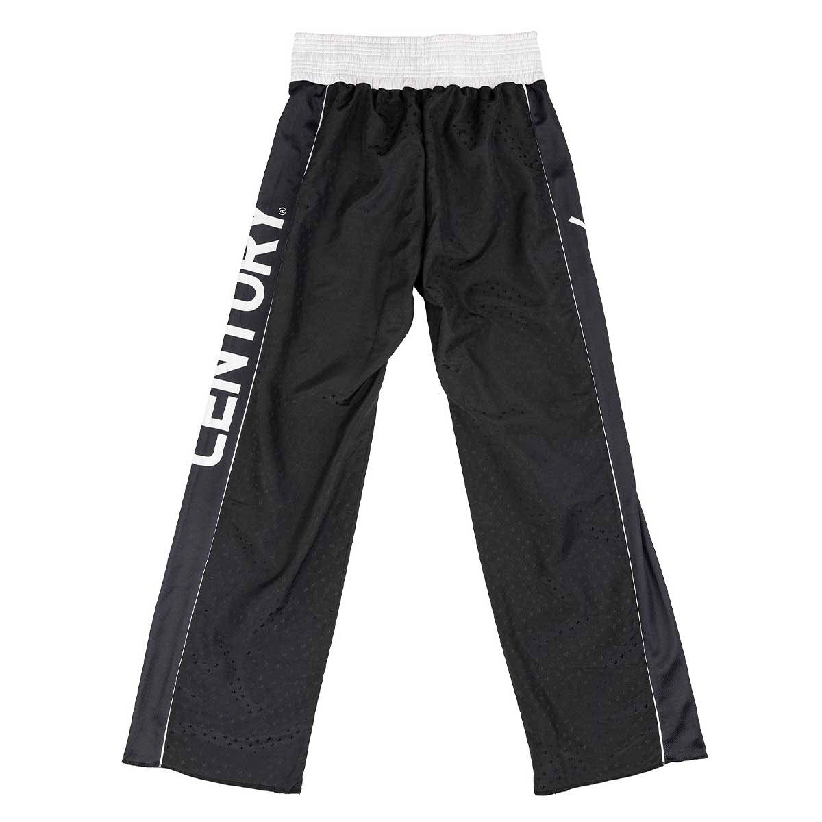 Black track pants with elastic waistband, CENTURY logo on side, and white piping