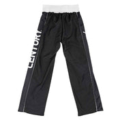 Black track pants with elastic waistband, CENTURY logo on side, and white piping