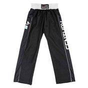 Black track pants with elastic waistband and white side stripes across tapered legs